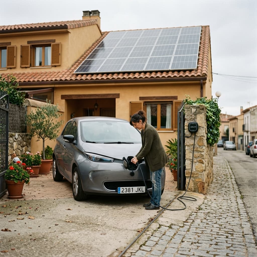Coche eléctrico cargando junto a una vivienda con placas solares