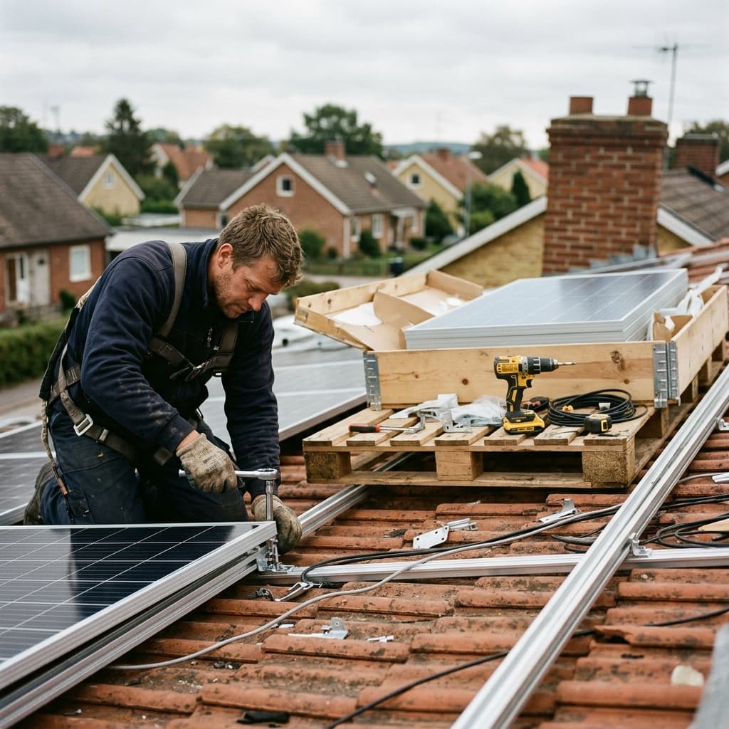 Instalador colocando placas solares en un tejado